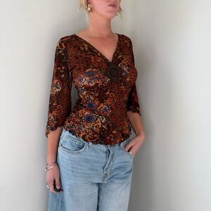 Vintage 2000s brown floral boho babydoll top